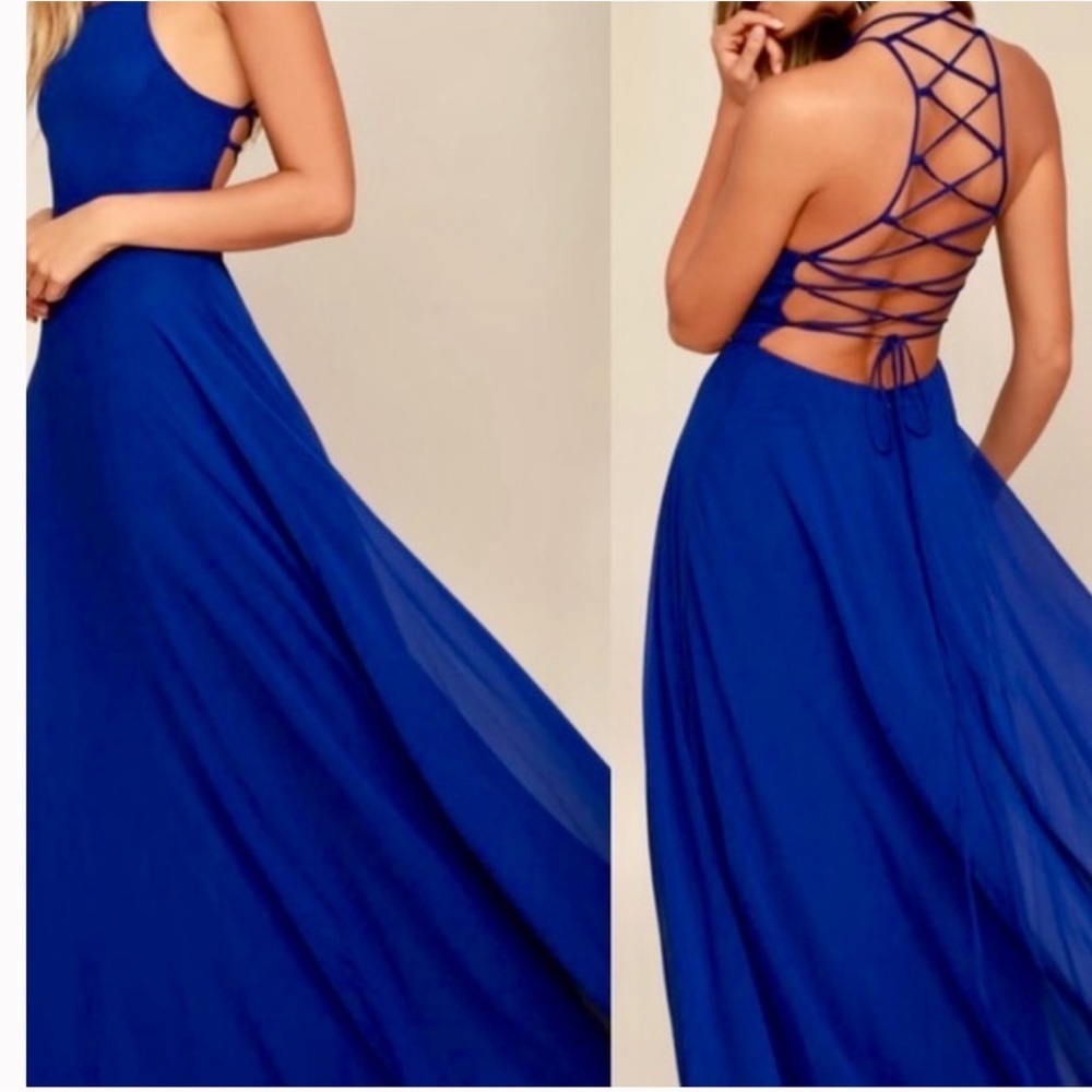 Lulu's cobalt blue halter back straps maxi dress